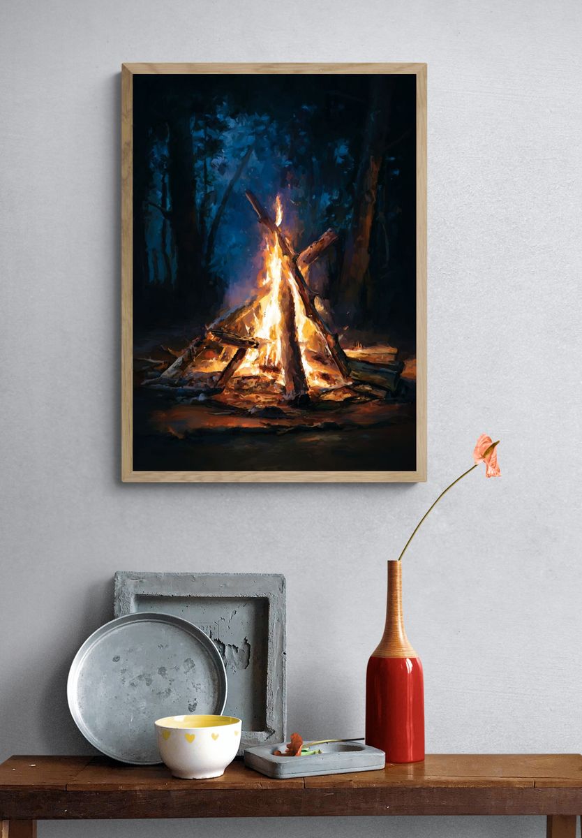 Campfire in the Woods — Fine Art Print. — room view 3