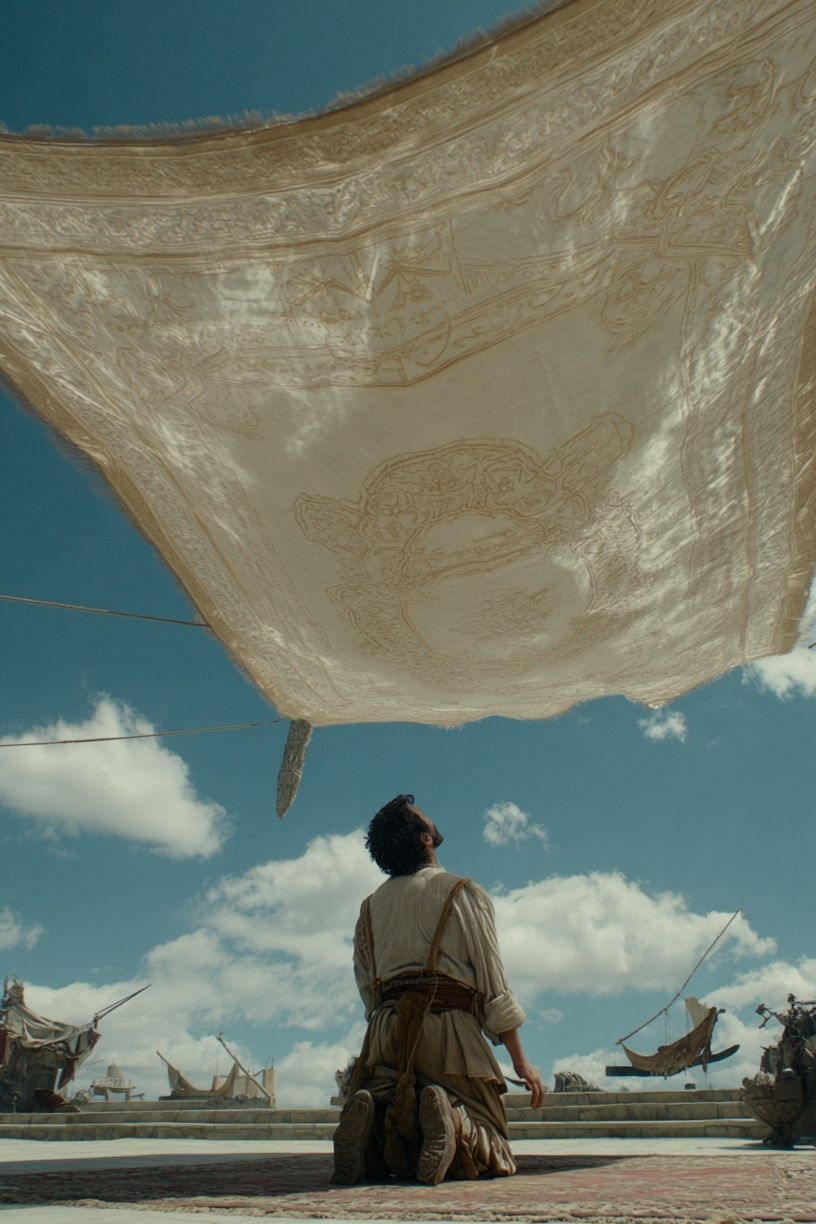 Kneeling Figure Under Canopy — Cinematic Print. poster — fine-art art