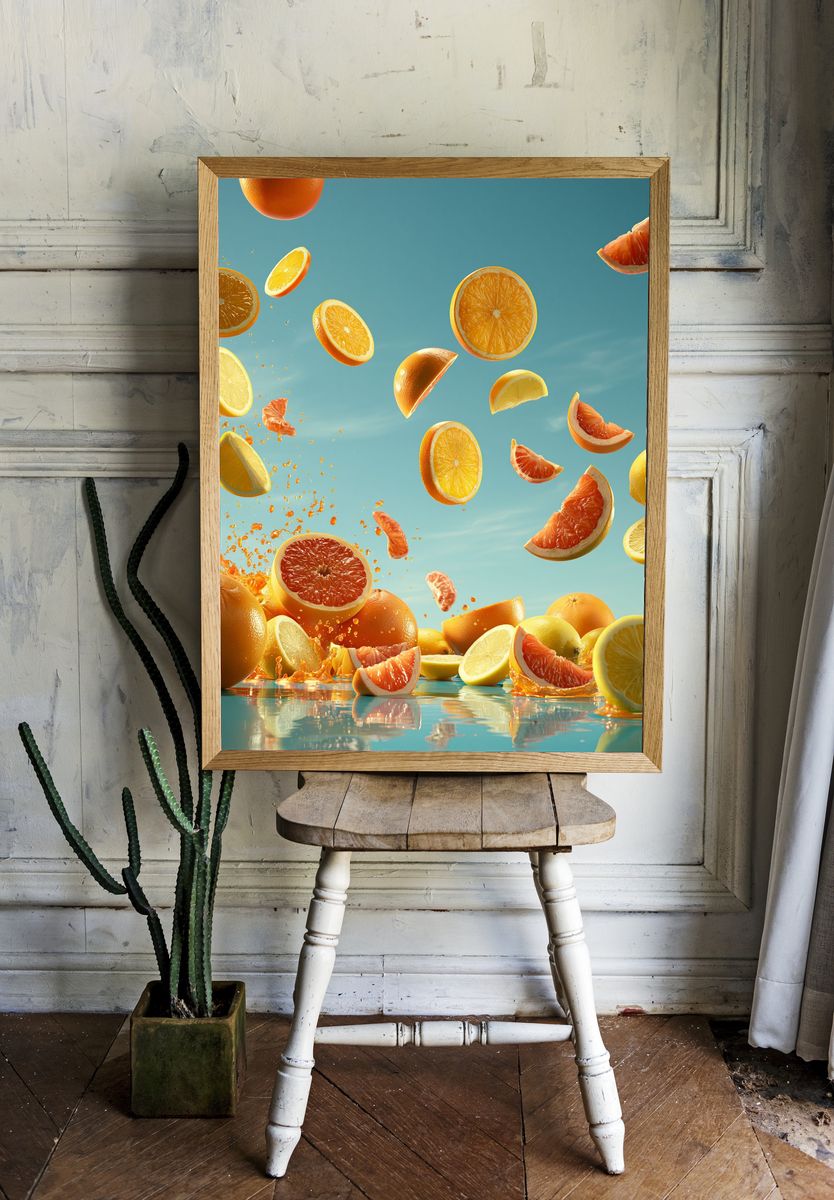 Floating Citrus Splash Illustration Print. room preview