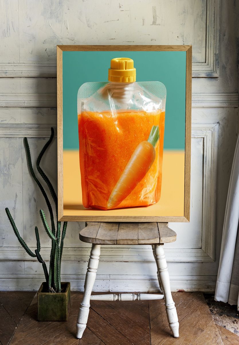 Carrot Juice Pouch Photography Poster. room preview