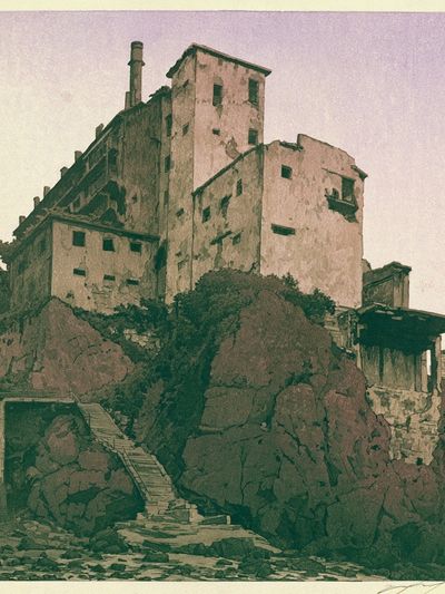 Cliffside Ruins Illustration Poster.