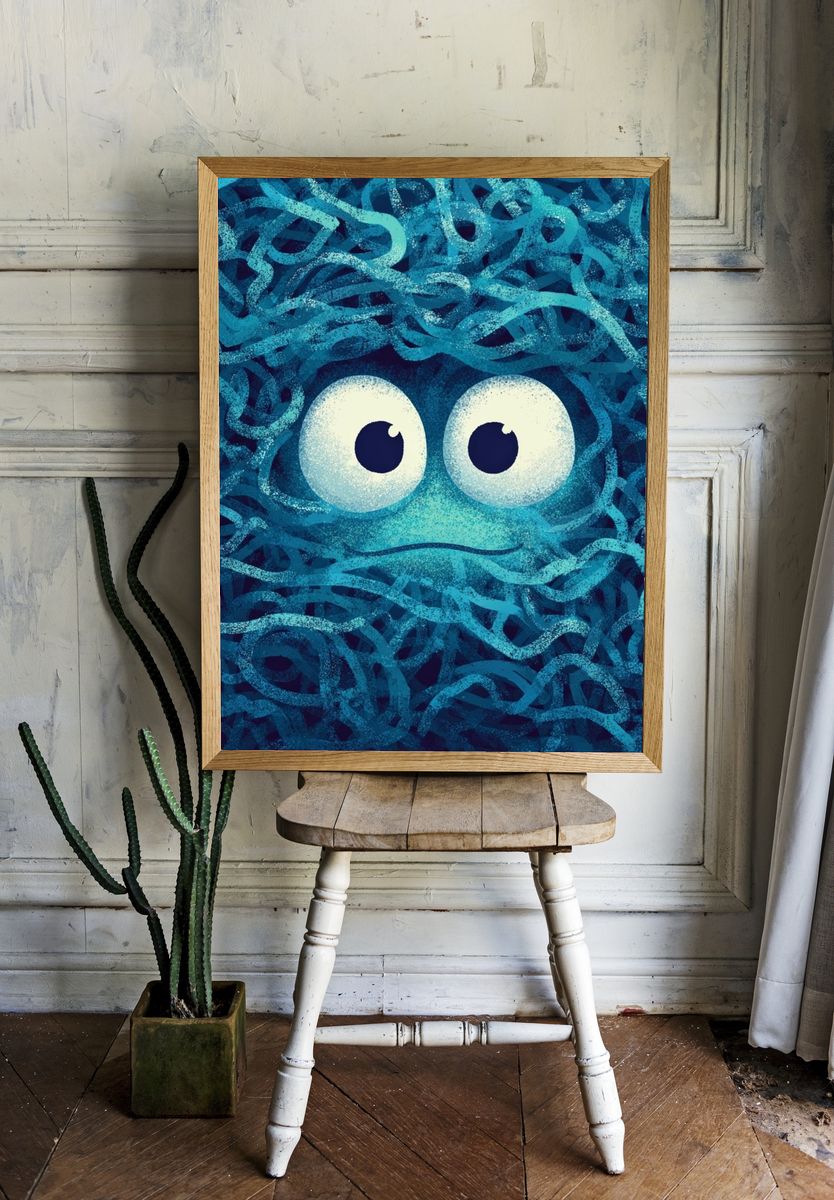 Cute Blue Monster — Cartoon Print. — room view 1