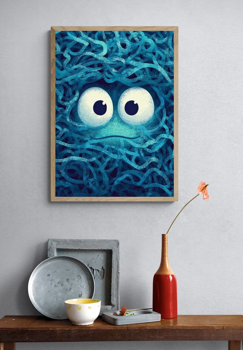 Cute Blue Monster — Cartoon Print. — room view 3