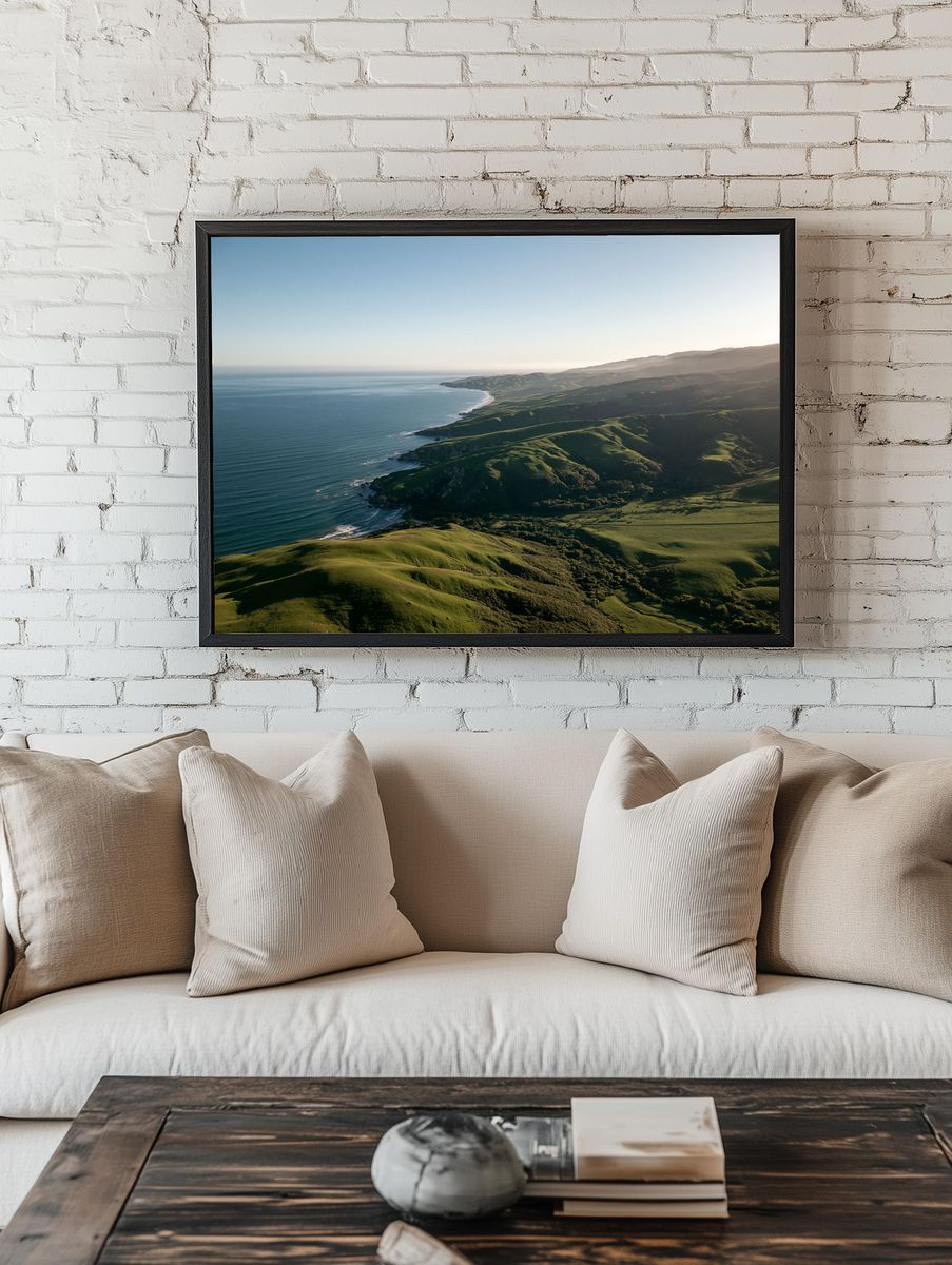 Coastal Green Hills Landscape Print. room preview