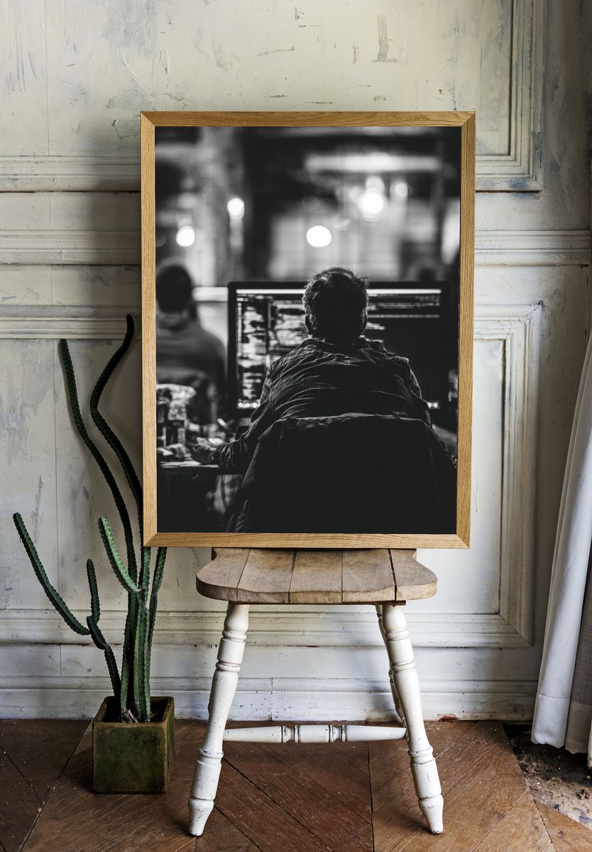 Coder at Work Black-White Poster. — room view 1