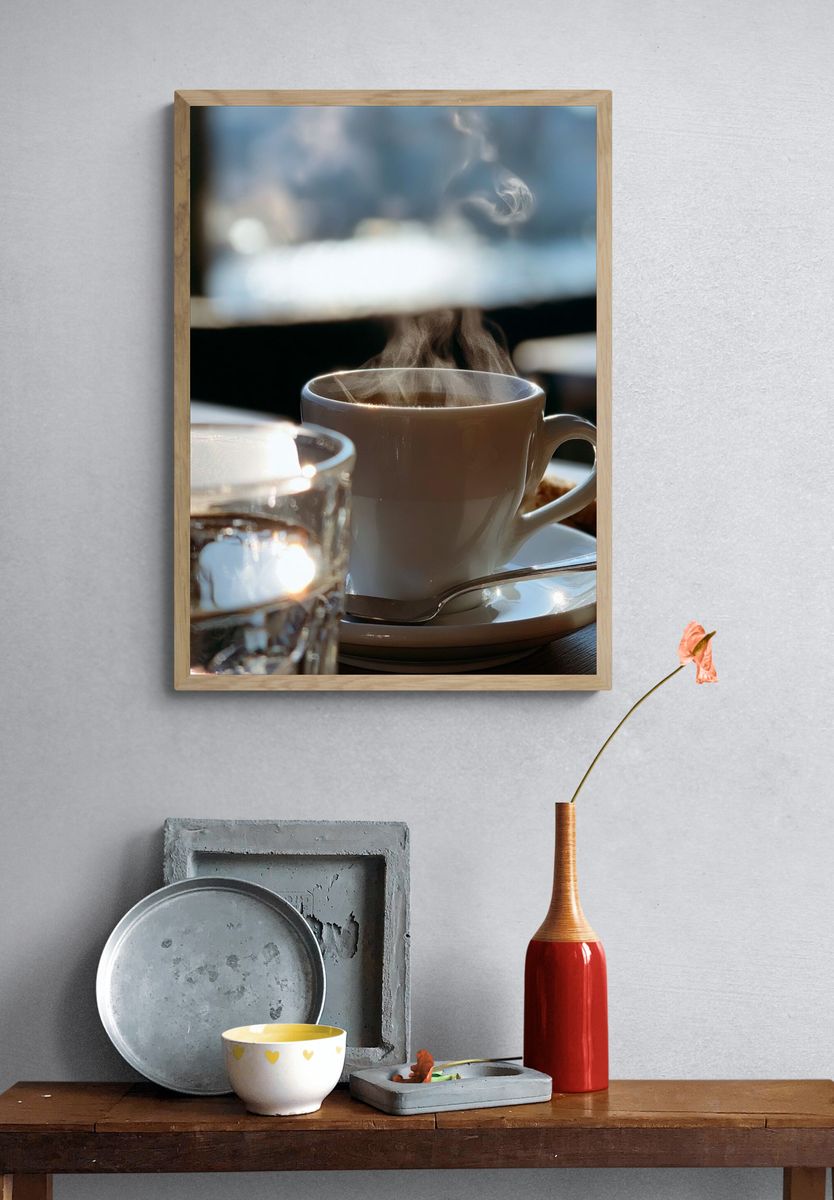 Steaming Coffee Cup Photography Poster. — room view 3