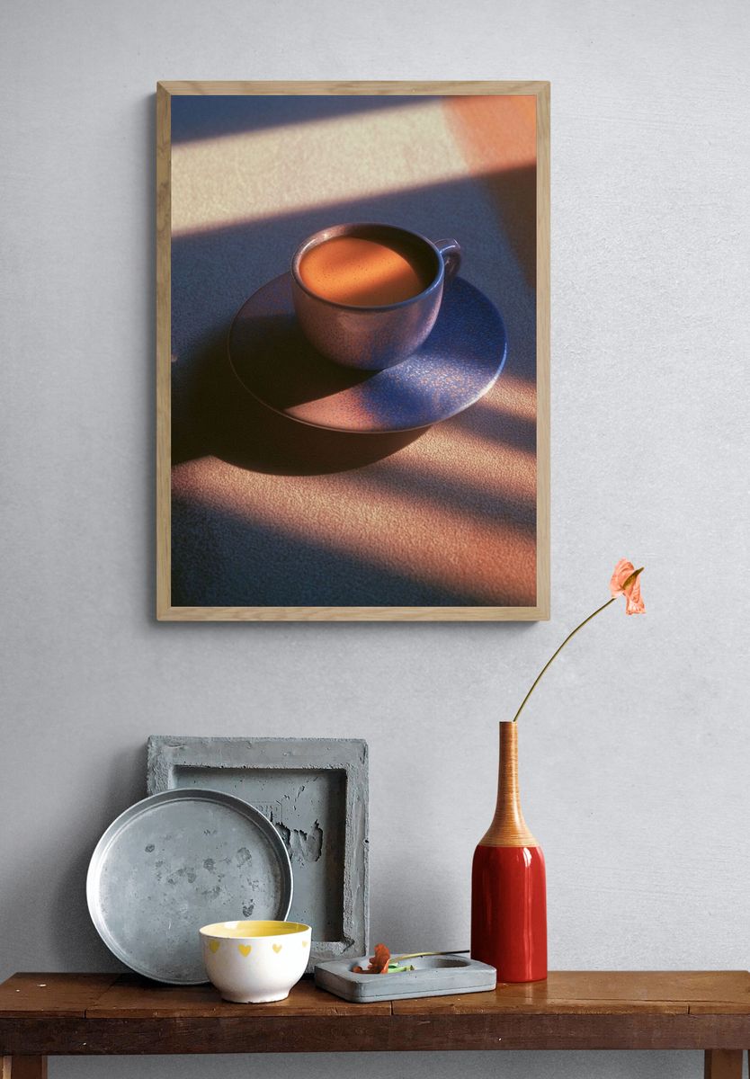 Sunlit Coffee Cup Photography Poster. — room view 3