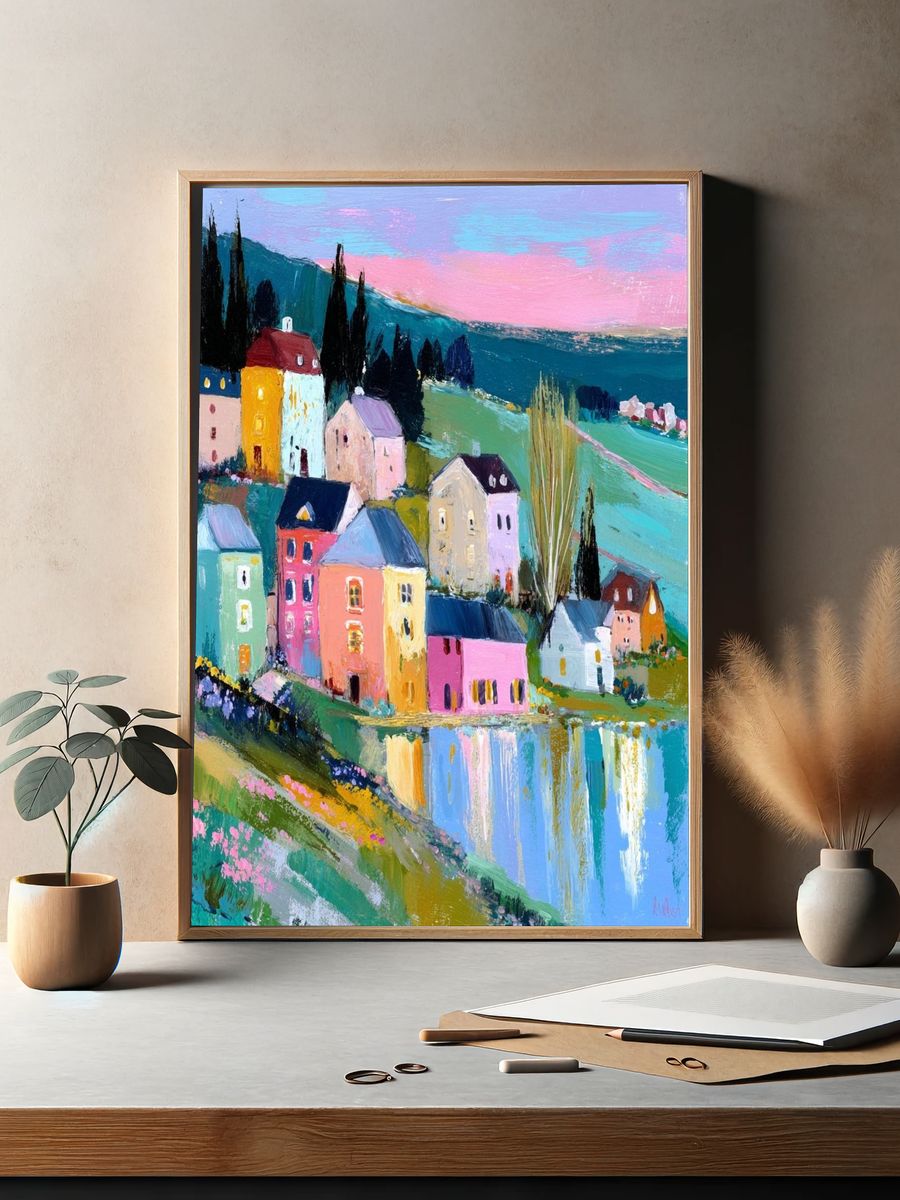 Colorful Village Landscape Poster. — room view 2