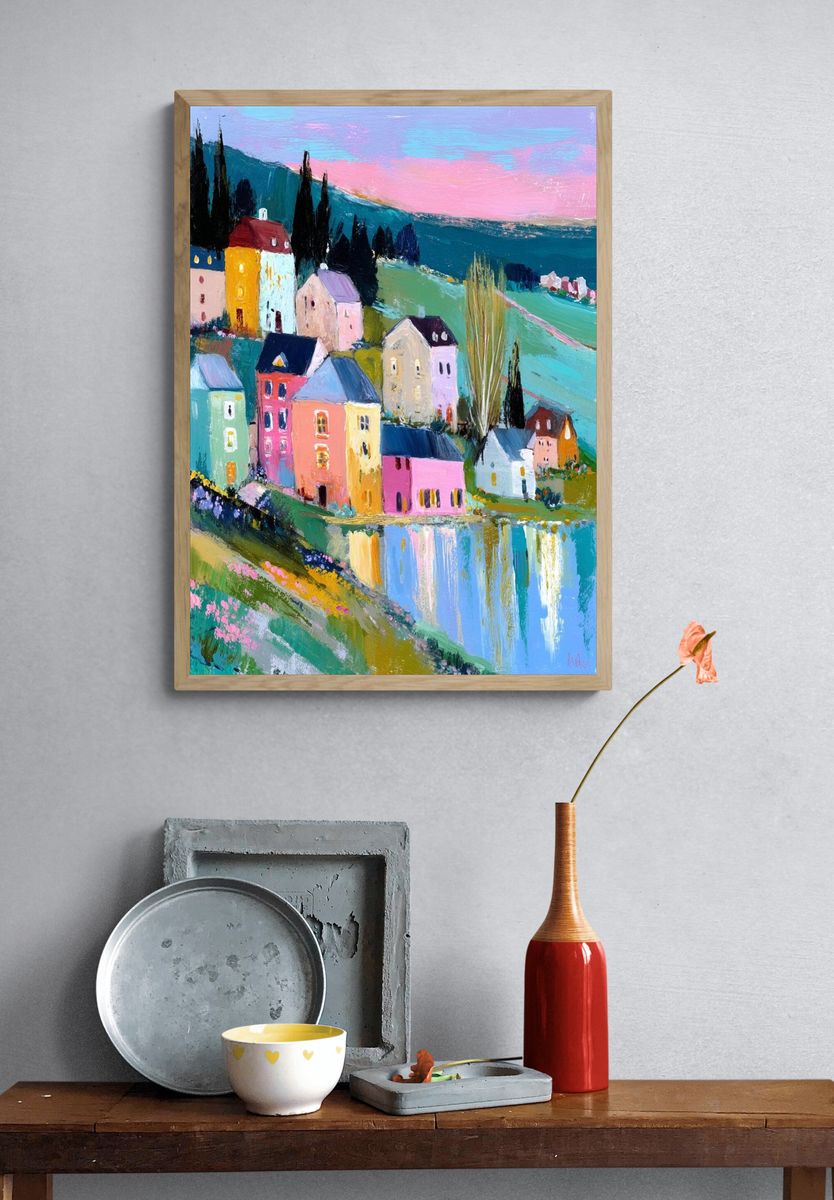 Colorful Village Landscape Poster. — room view 3