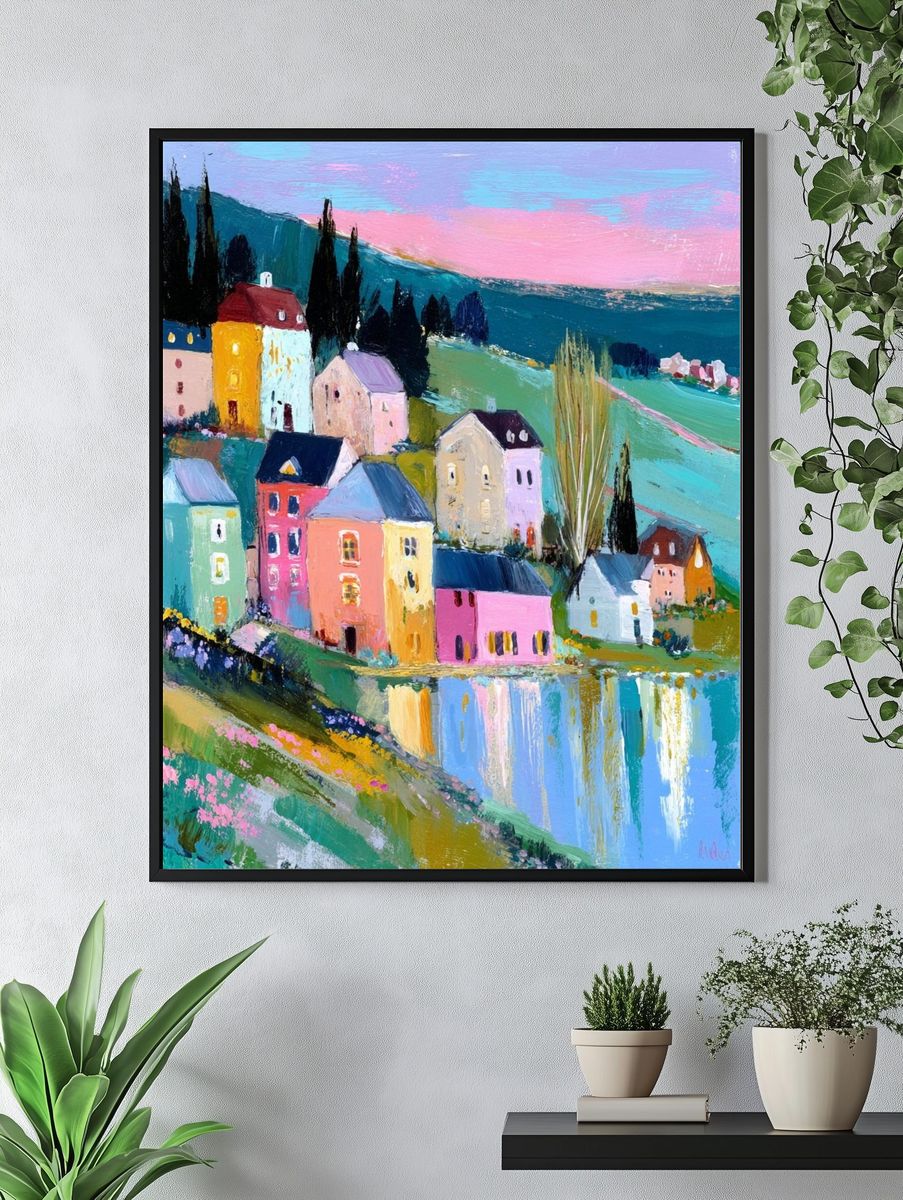 Colorful Village Landscape Poster. — room view 4