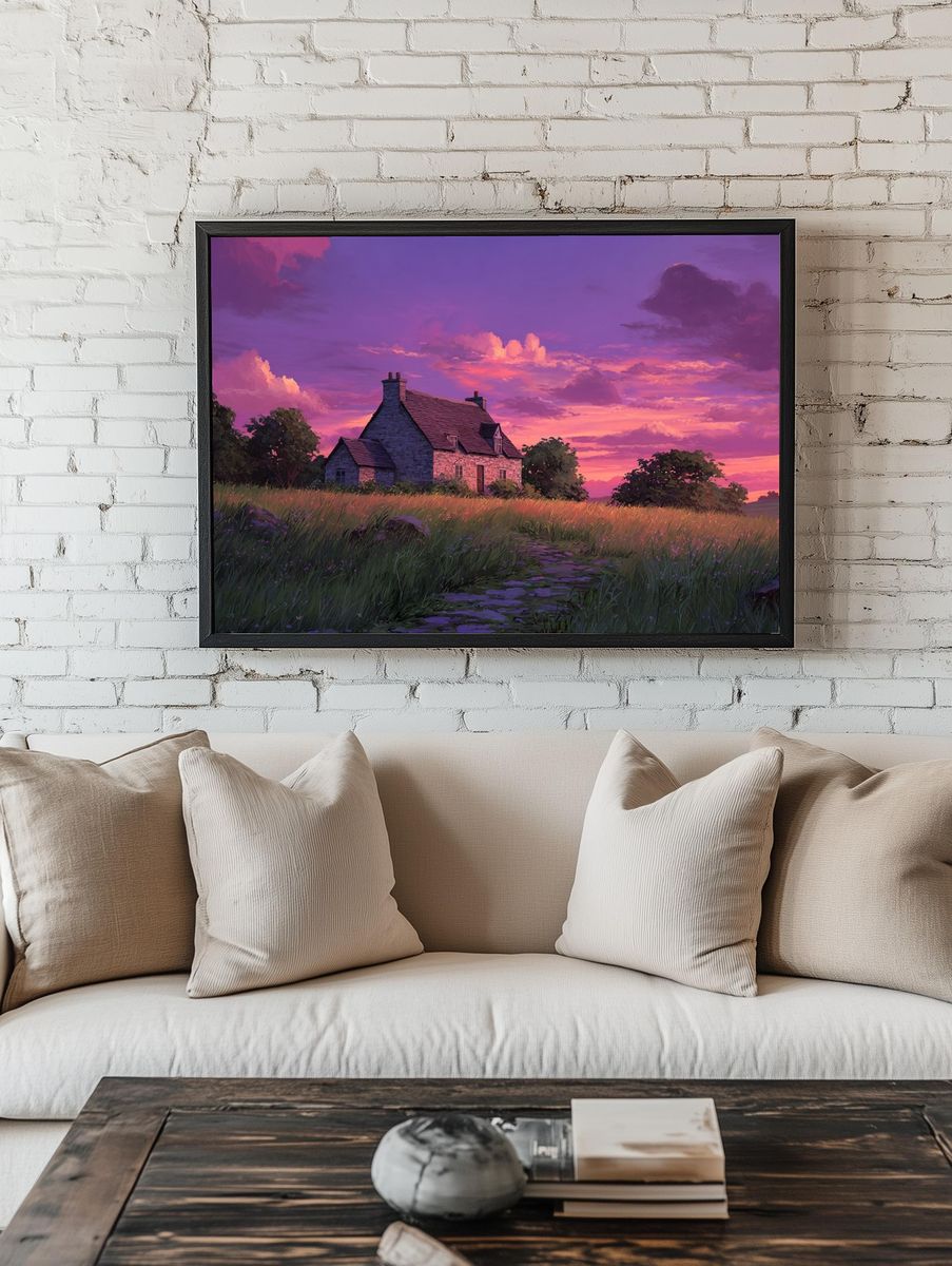 Charming Cottage at Sunset — Landscape Print. room preview