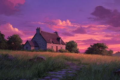 Charming Cottage at Sunset — Landscape Print. poster