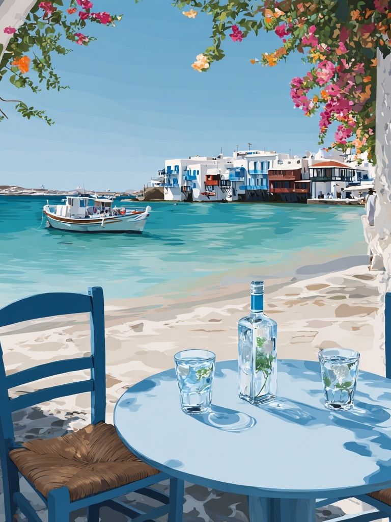 Coastal with Blue Chairs — Illustration Print. poster — illustration art