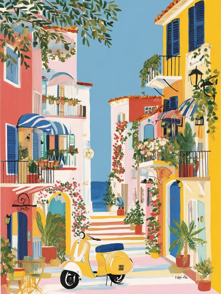 Charming Coastal Village — Illustration Print. poster — illustration art