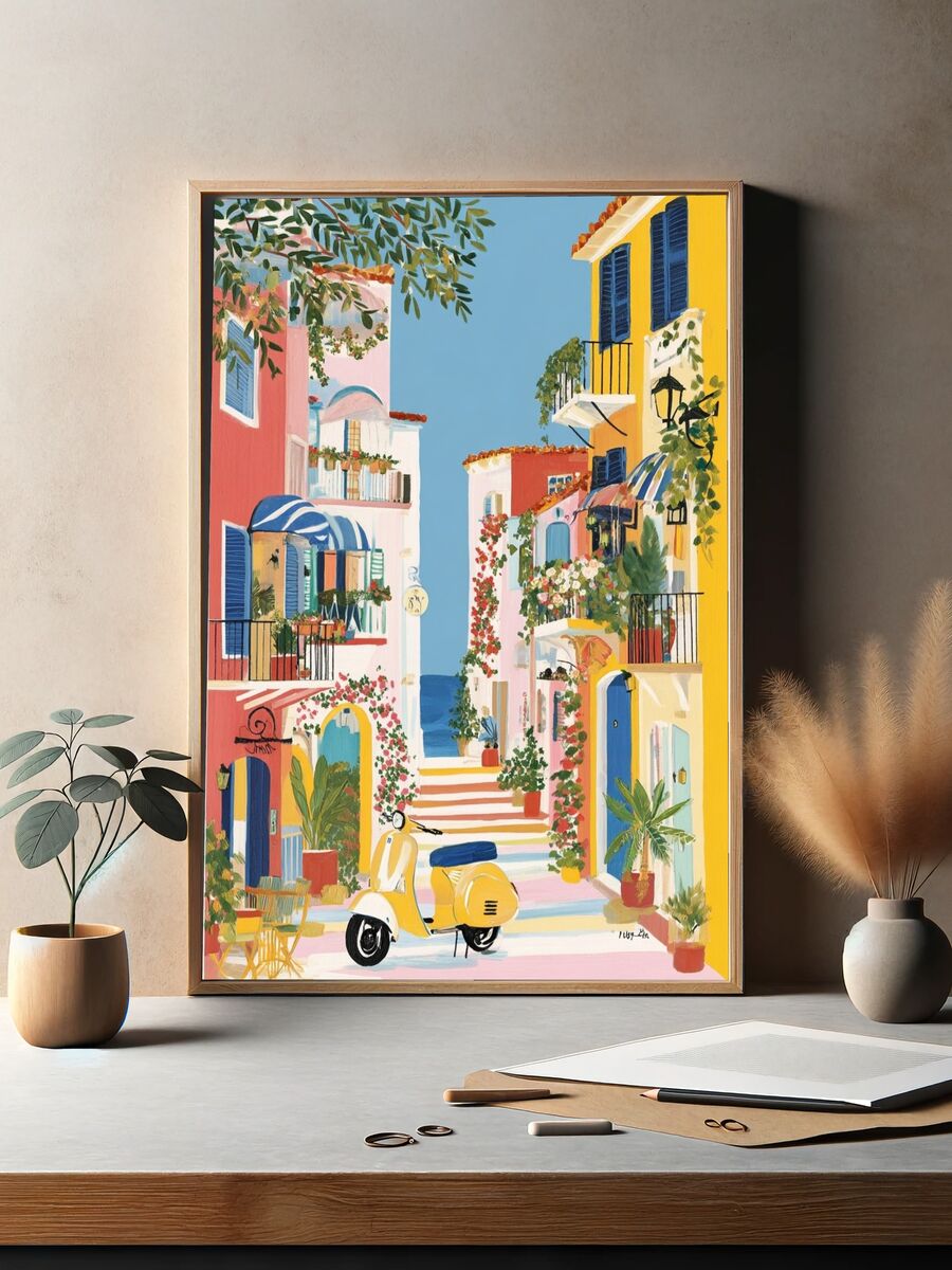 Charming Coastal Village — Illustration Print. — room view 2