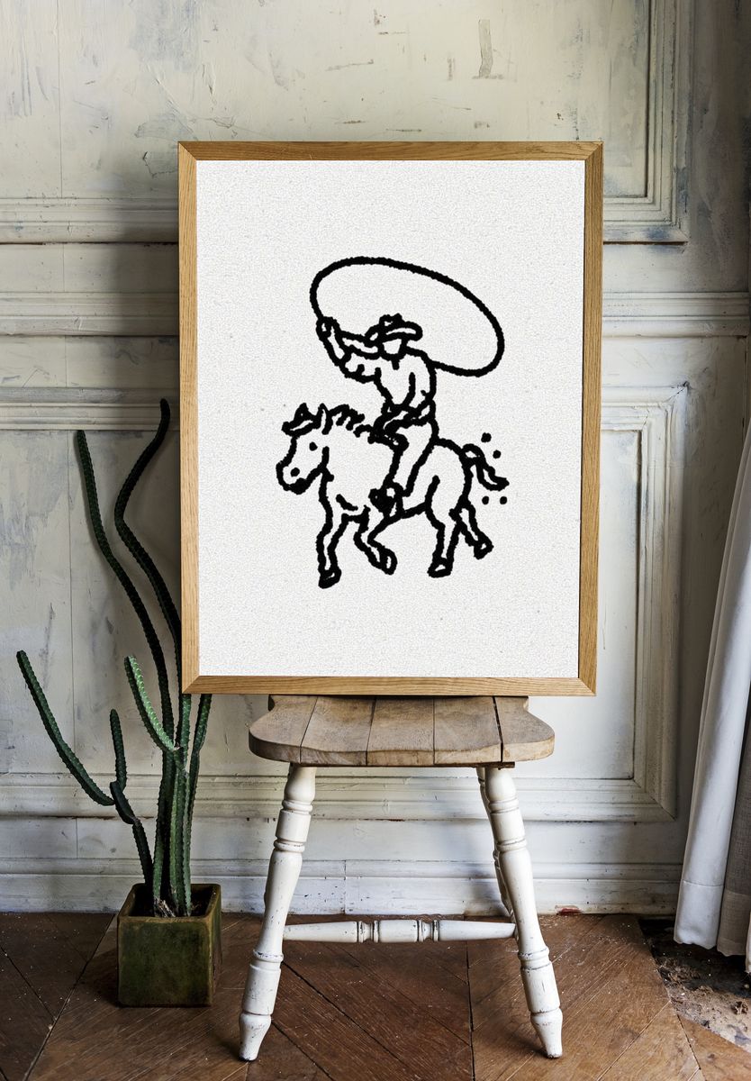 Cowboy on Horse — Line Art Print. — room view 1