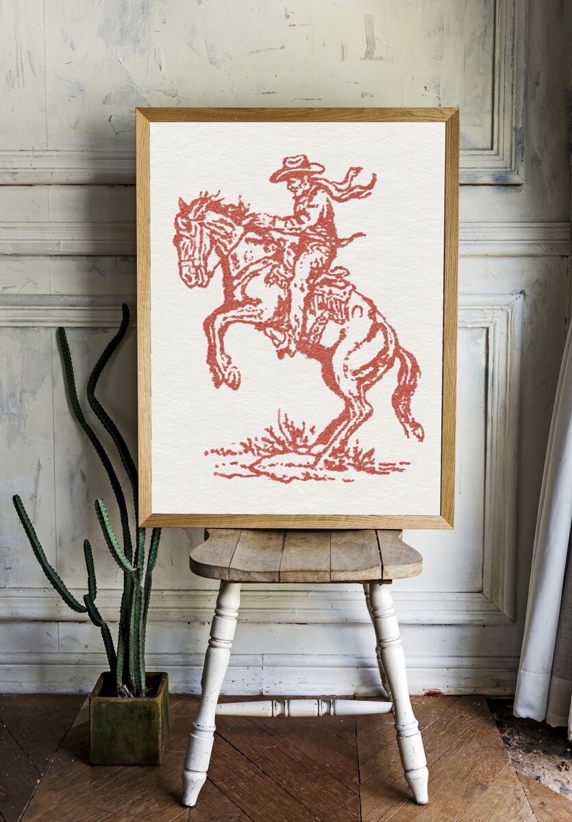 Cowboy on Horse — Vintage Print. — room view 1