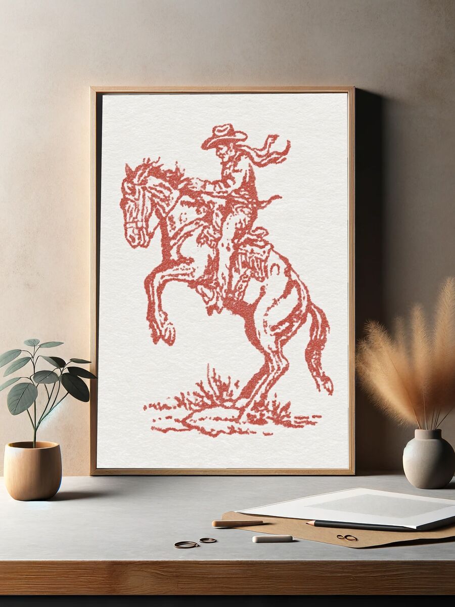 Cowboy on Horse — Vintage Print. — room view 2