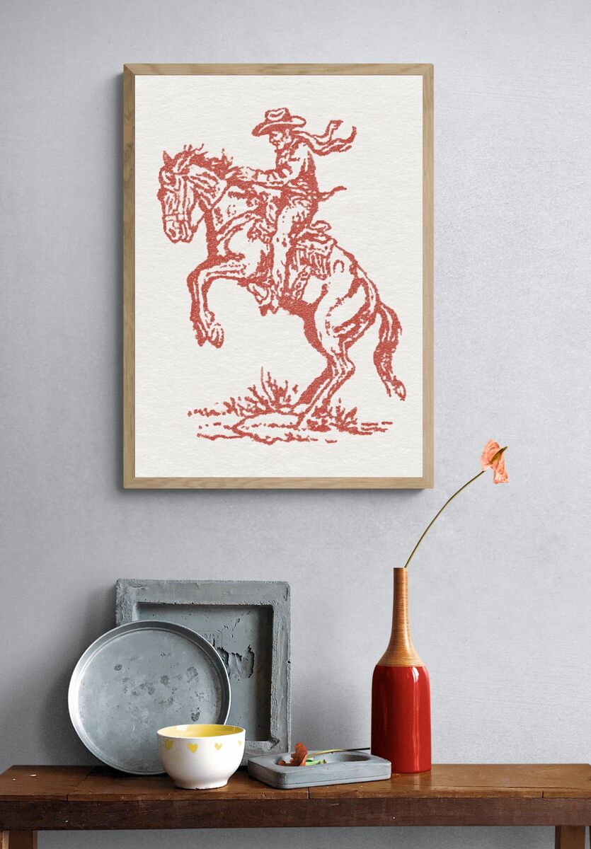Cowboy on Horse — Vintage Print. — room view 3