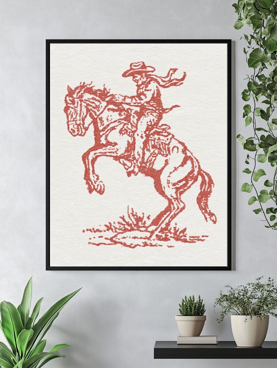 Cowboy on Horse — Vintage Print. — room view 4