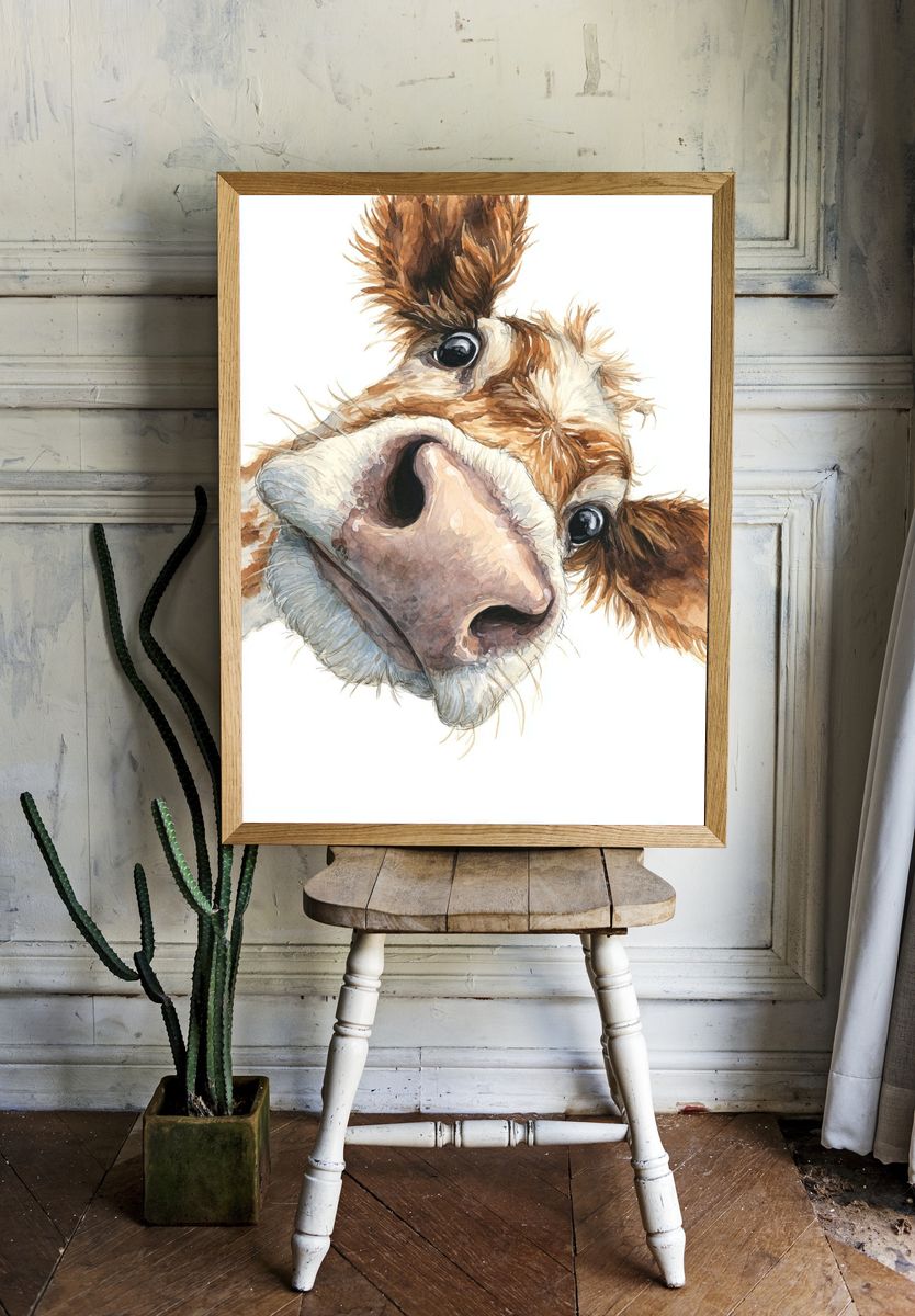 Curious Cow Watercolor Poster. — room view 1