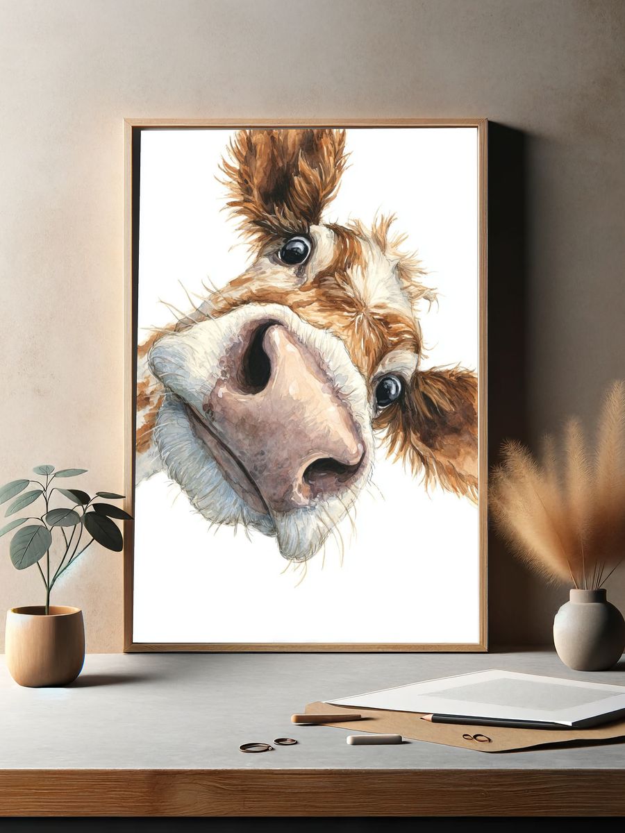 Curious Cow Watercolor Poster. — room view 2