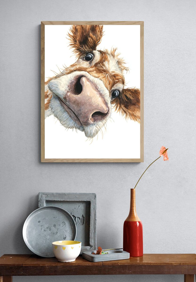 Curious Cow Watercolor Poster. — room view 3