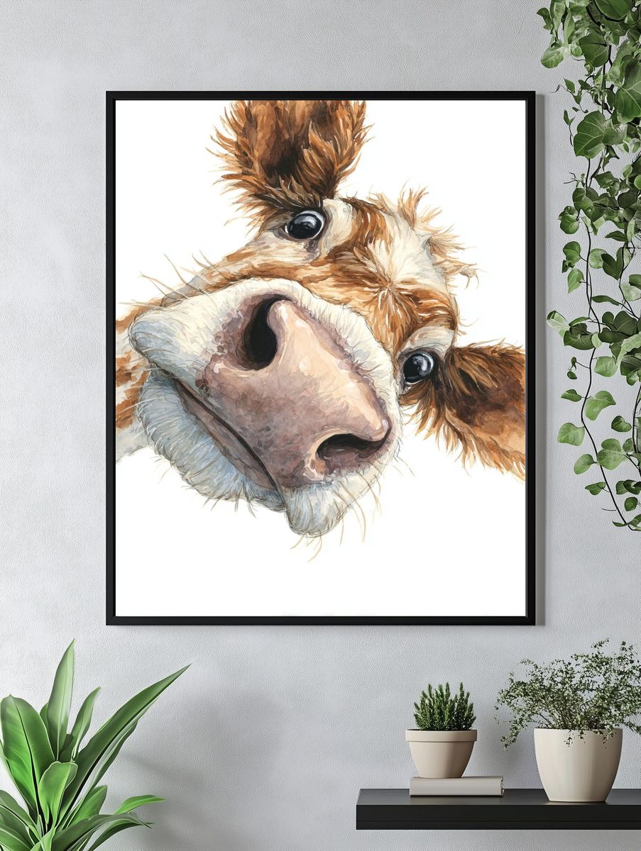 Curious Cow Watercolor Poster. — room view 4