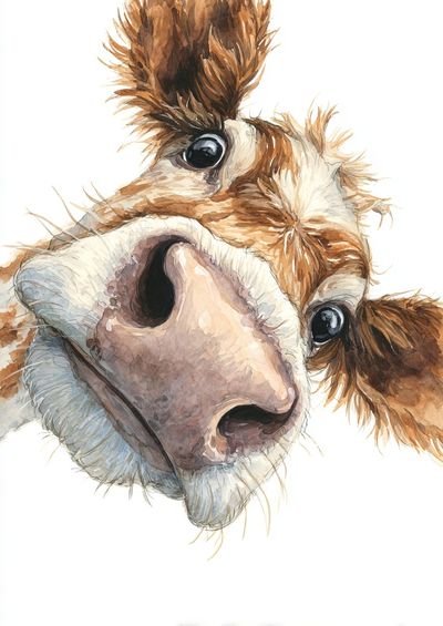 Curious Cow Watercolor Poster.