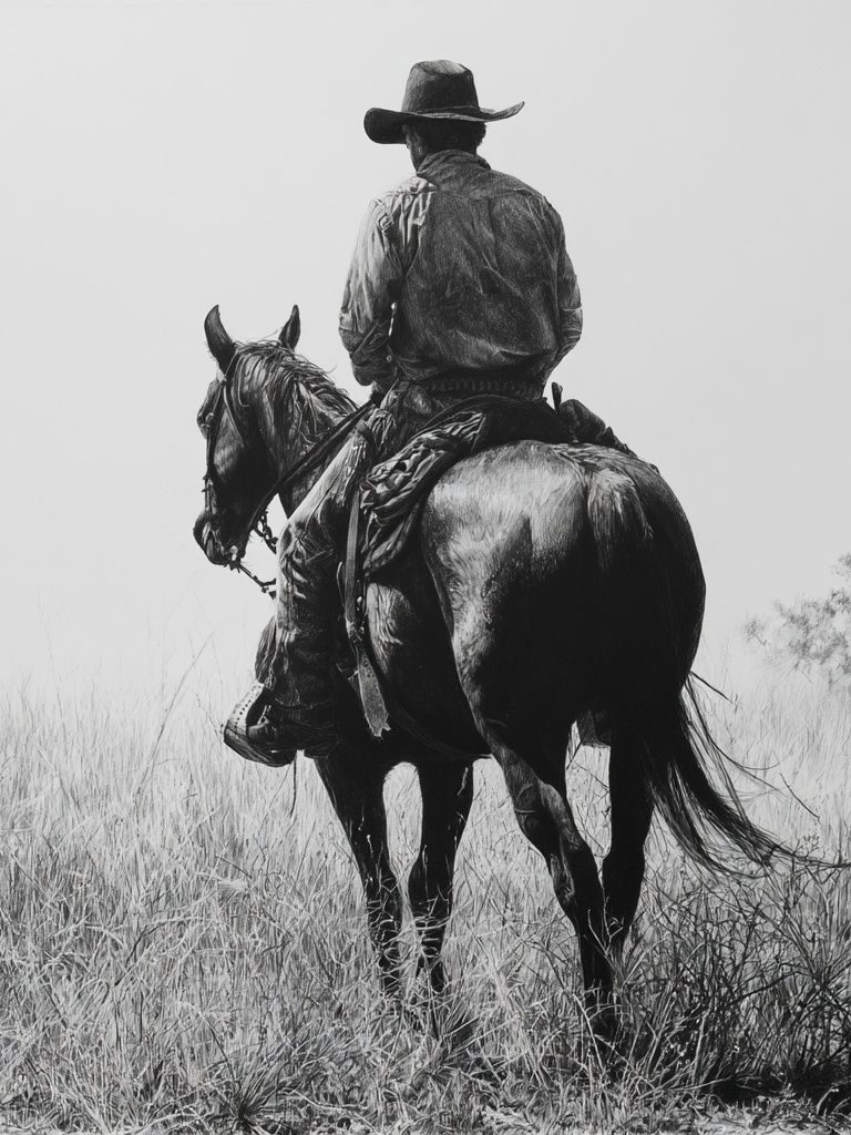 Cowboy on Horse Black-White Poster. poster detail