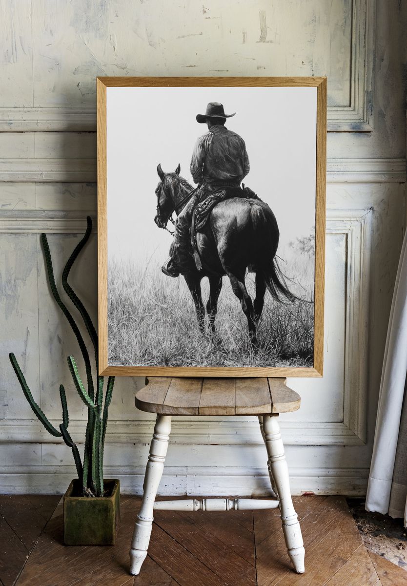 Cowboy on Horse Black-White Poster. — room view 1