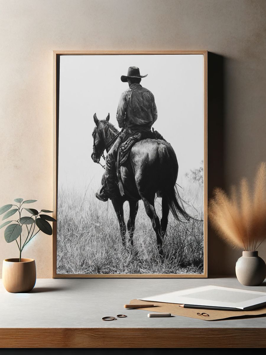 Cowboy on Horse Black-White Poster. — room view 2