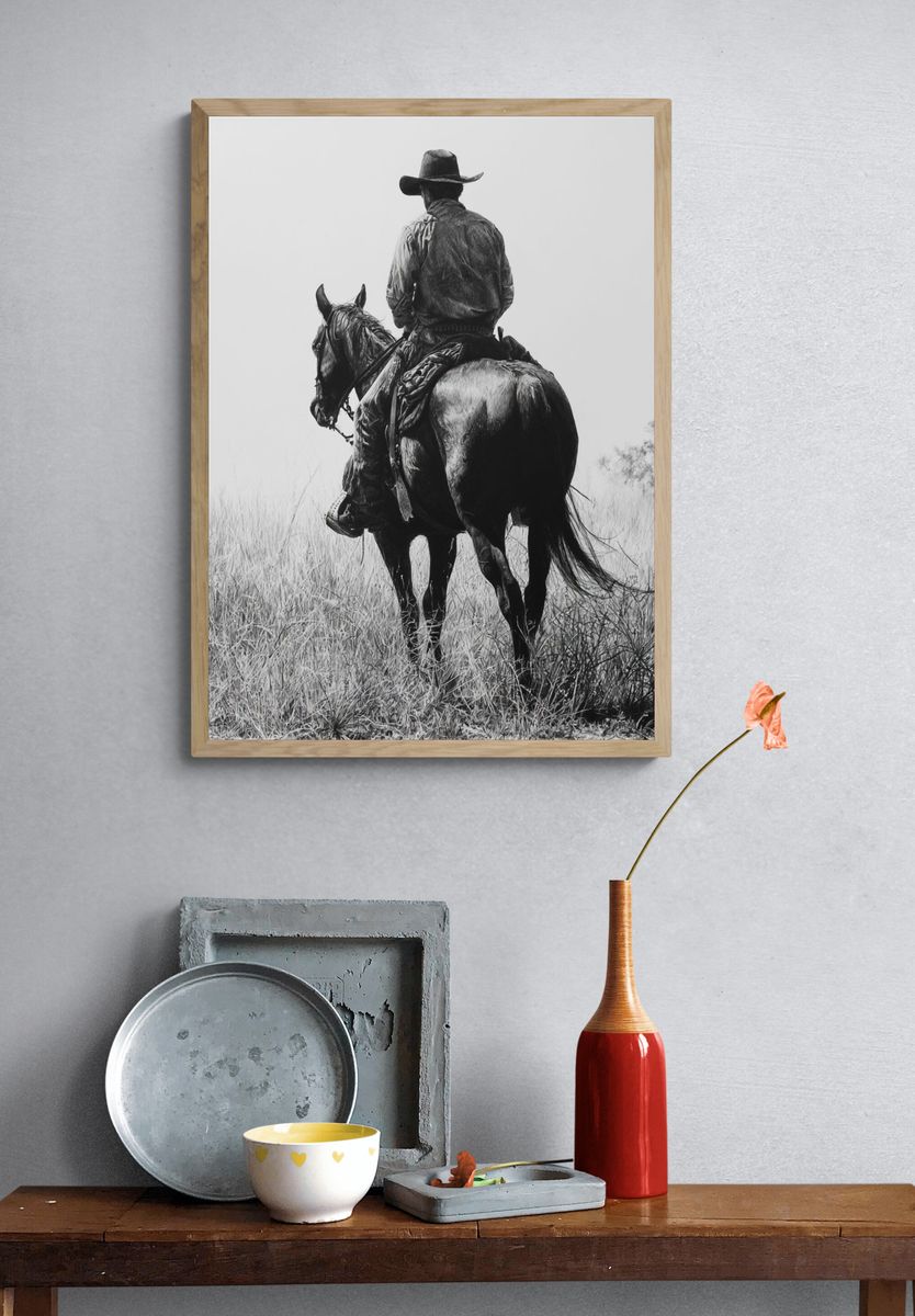 Cowboy on Horse Black-White Poster. — room view 3