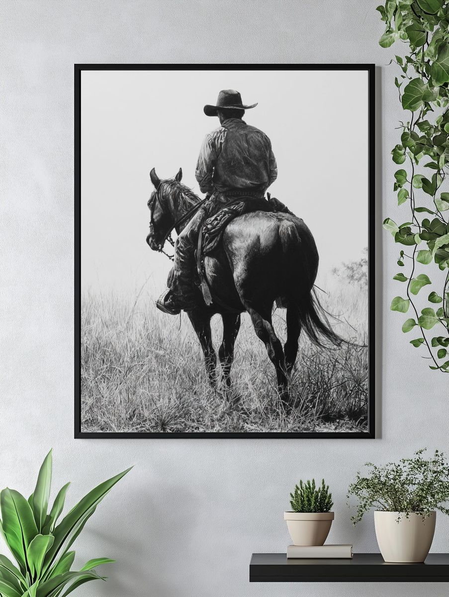 Cowboy on Horse Black-White Poster. — room view 4