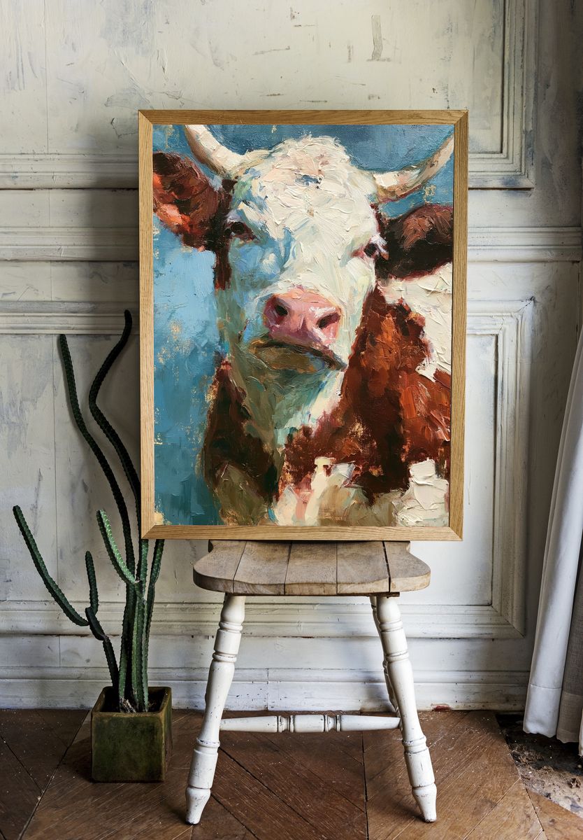 Cow Portrait Oil Painting Poster. — room view 1