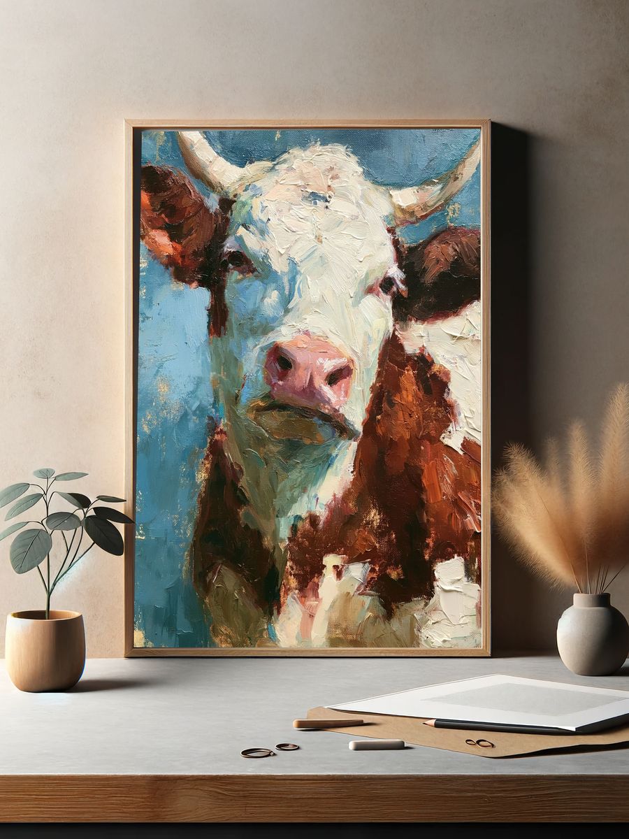 Cow Portrait Oil Painting Poster. — room view 2