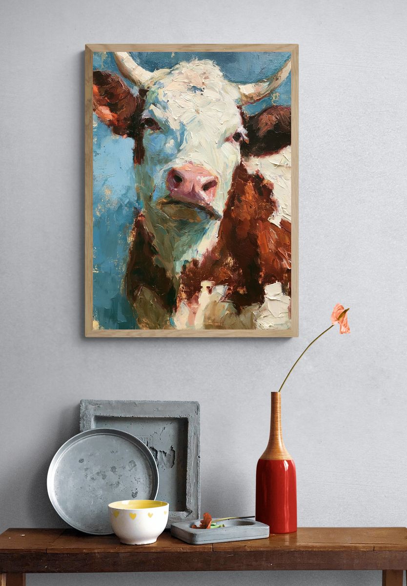 Cow Portrait Oil Painting Poster. — room view 3