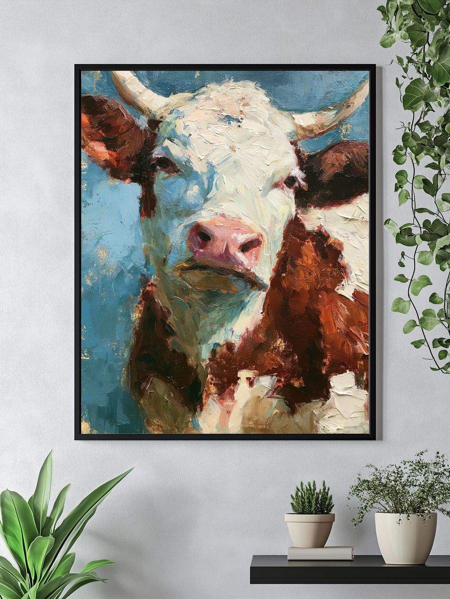 Cow Portrait Oil Painting Poster. — room view 4