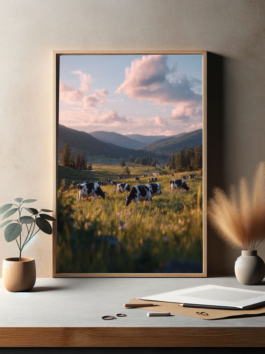 Cows Grazing in Pasture — Nature Print. — room view 2