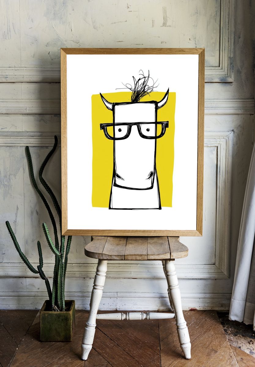Horned Cow Portrait Print. room preview