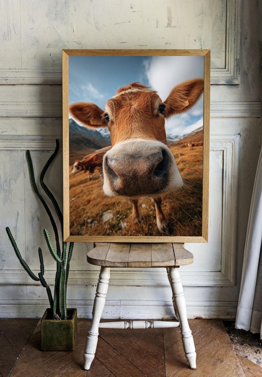 Curious Cow Portrait Poster. — room view 1
