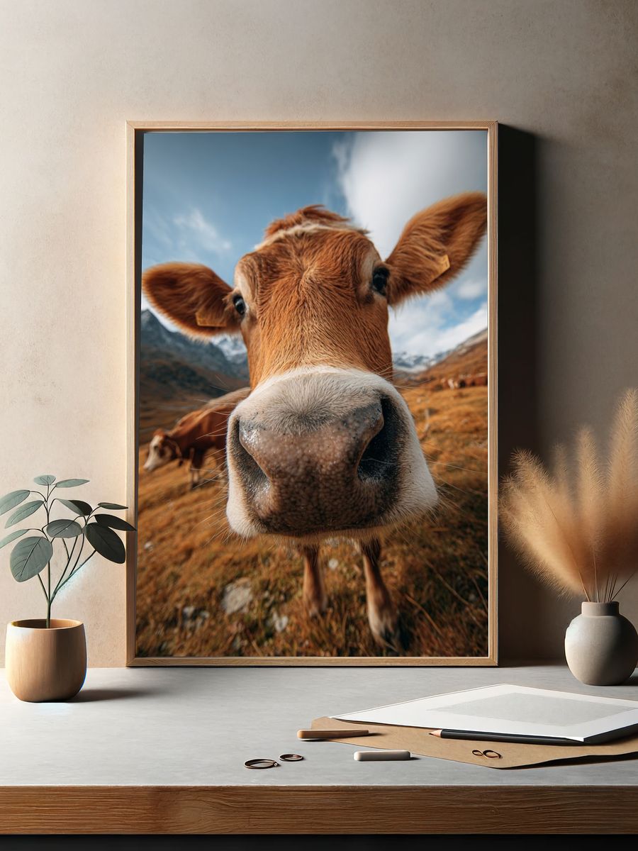 Curious Cow Portrait Poster. — room view 2