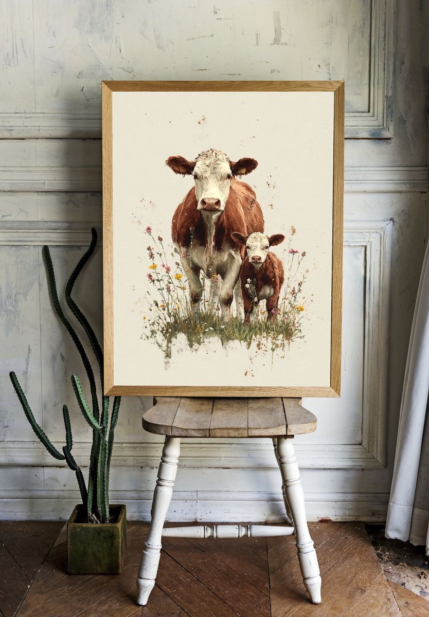 Cow and Calf Watercolor Poster. — room view 1
