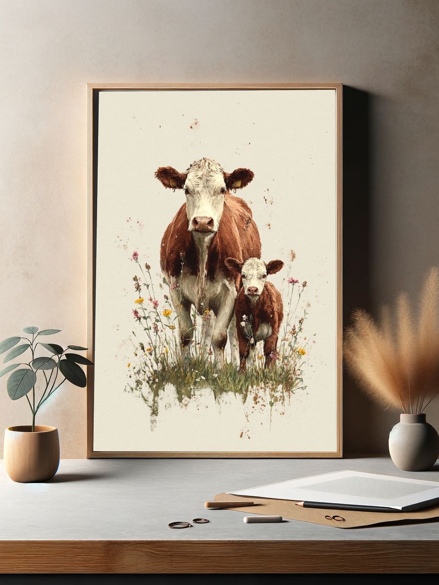 Cow and Calf Watercolor Poster. — room view 2