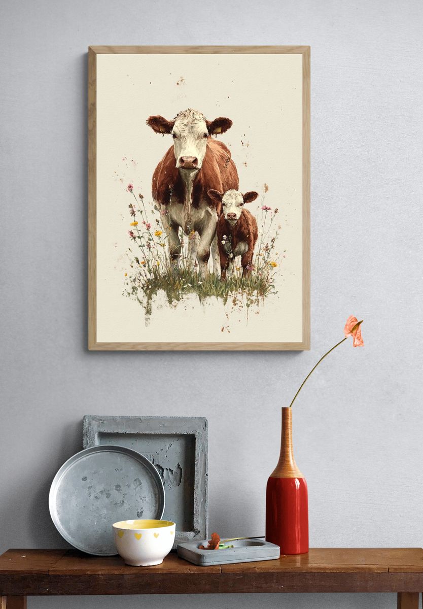 Cow and Calf Watercolor Poster. — room view 3
