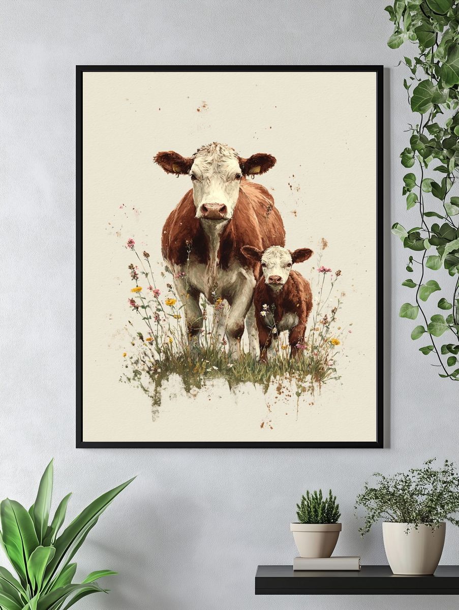 Cow and Calf Watercolor Poster. — room view 4