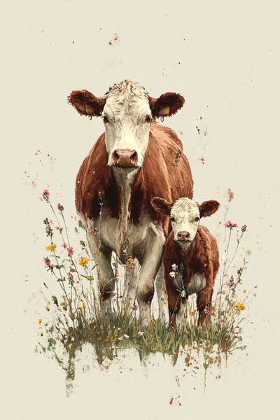 Cow and Calf Watercolor Poster. poster print