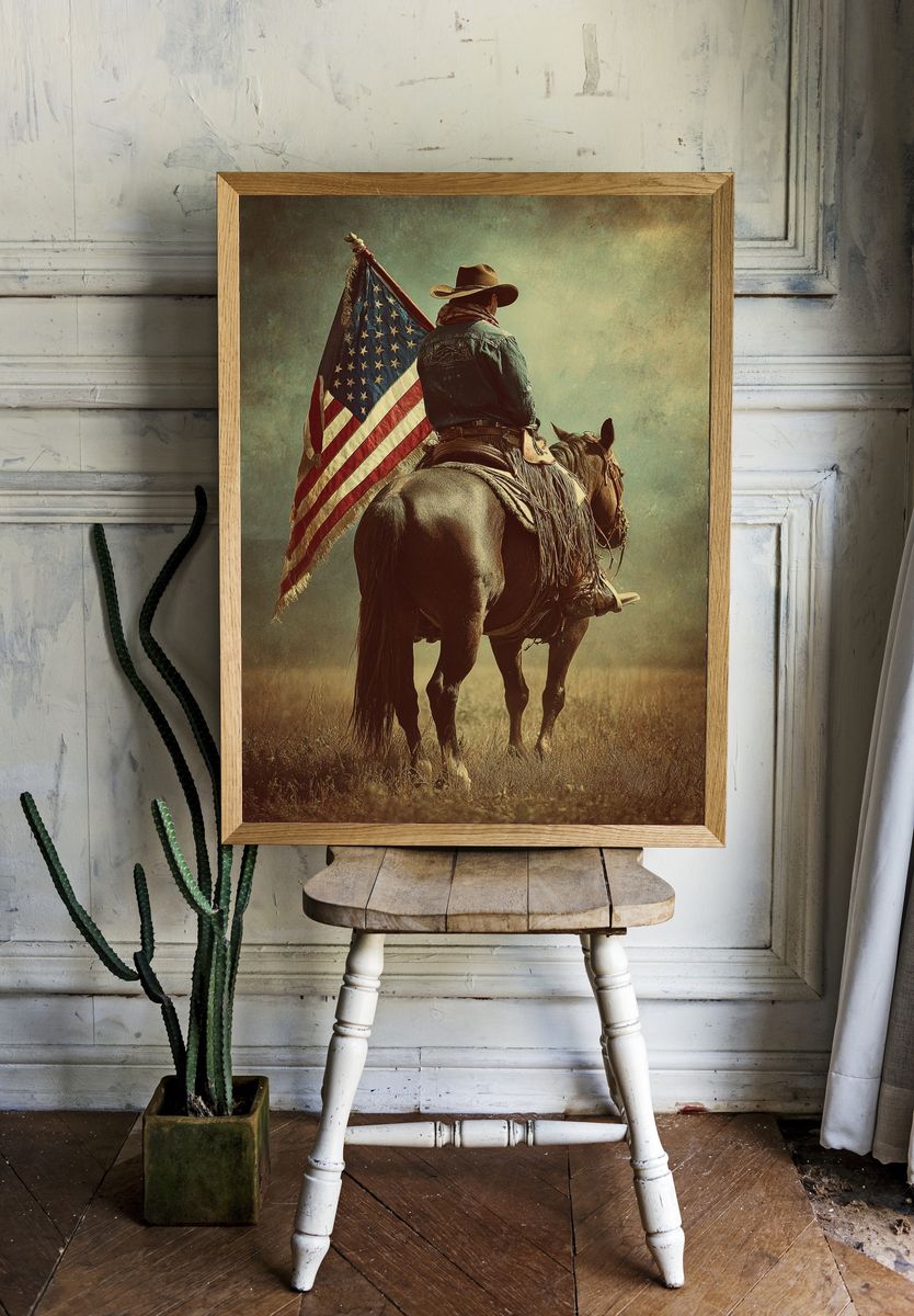 Cowboy on Horse with American Flag Poster. room preview