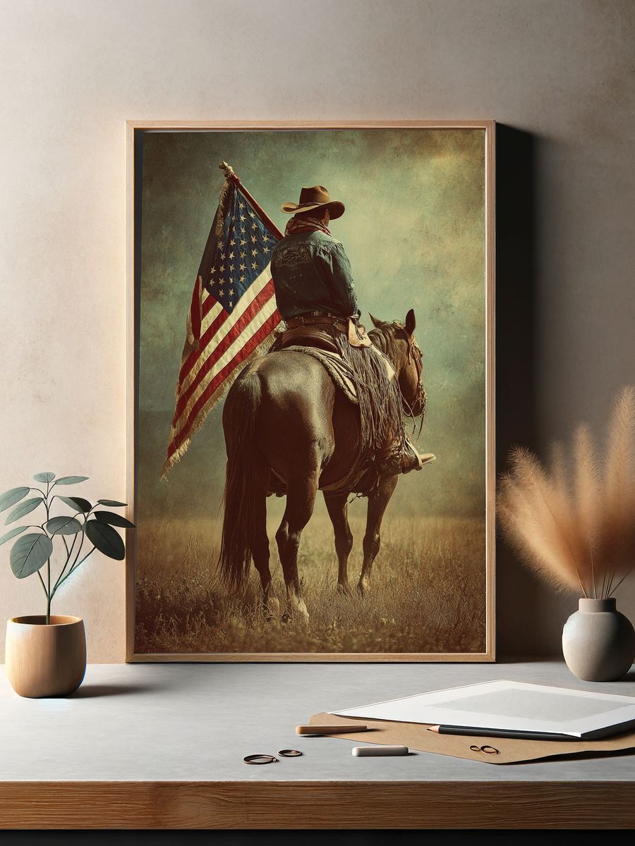 Cowboy on Horse with American Flag Poster. — room view 2