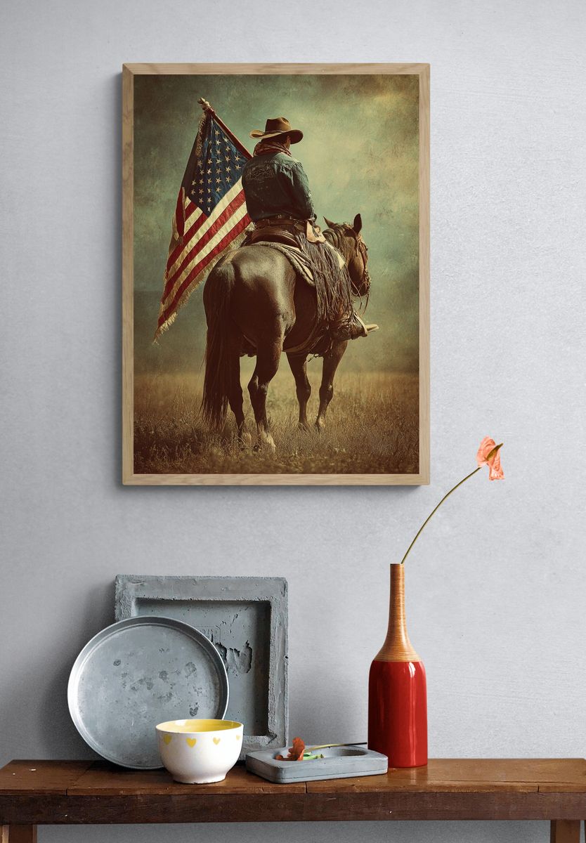 Cowboy on Horse with American Flag Poster. — room view 3